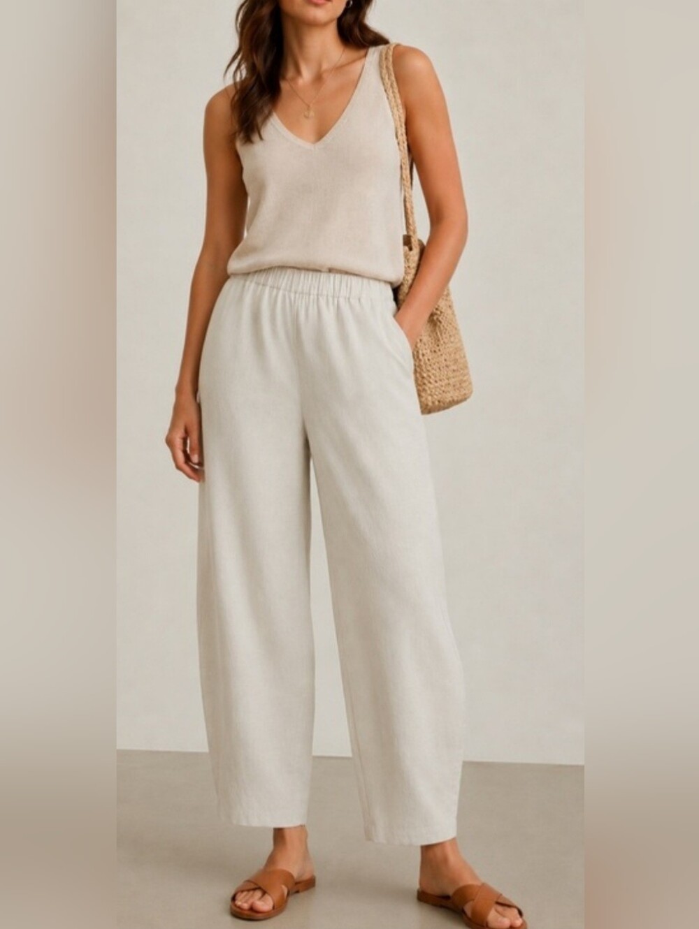 Max Studio Cream Wide-Leg Elastic Waist Pants - Picture 2 of 9